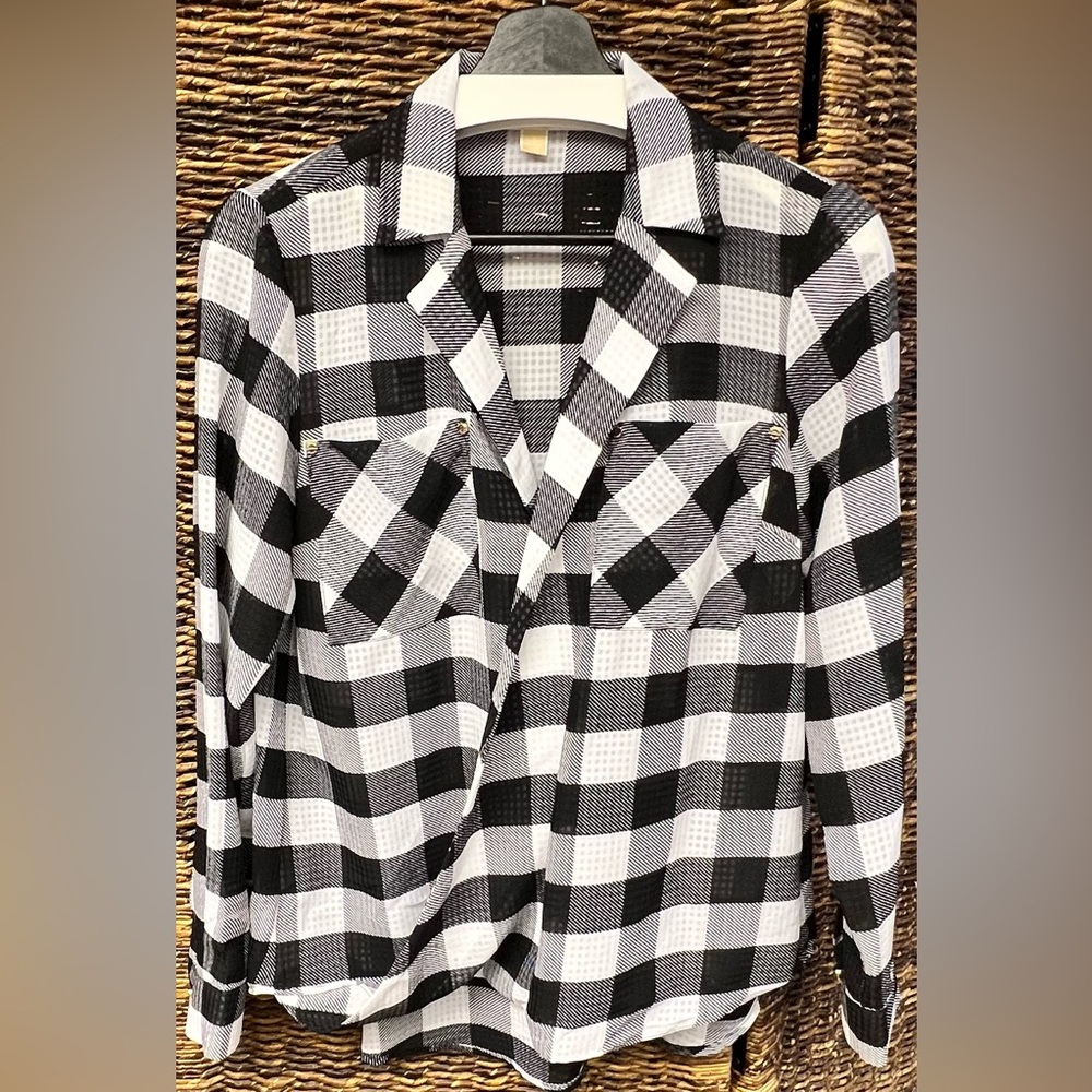Michael Kors Black/White Plaid Shirt-โ Small, Discoloration near snap in front